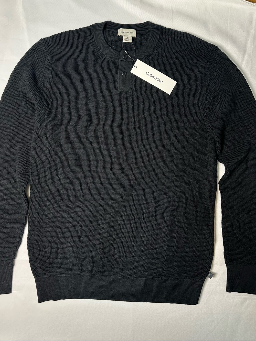 NWT Men’s Calvin Klein Jeans Black Crewneck Henley 100% Cotton Sweater
